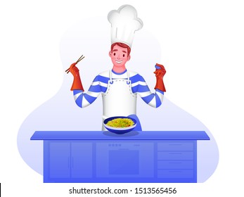 Happy chef character presenting dish (fried rice) at the kitchen table.