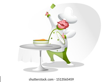 Happy chef character presenting dish on table.