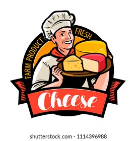 Happy Chef With Cheese In Hand. Farm Food Logo Or Label. Vector Illustration