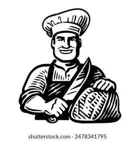 Happy chef cook cuts piece of meat with knife. Emblem or badge for butcher shop or restaurant grill menu