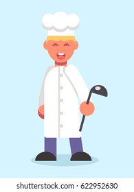 Happy chef cook with spoon. Vector illustration in flat style