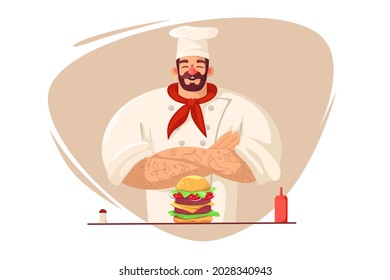 Happy chef cooked big burger vector illustration. Proud chef in restaurant or cafe flat style. Cooking, cuisine, eating, fast food concept