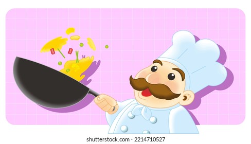 A Happy Chef Cooking Fried Rice With Wok. Middle Age Old Man In Chef Uniform Cooking Curry. Isolated Illustration Vector.