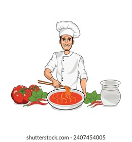 Happy chef cooking noodles soup with chopsticks cartoon art illustration