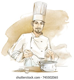 Happy chef cooking with pan. Hand drawn vector illustration on artistic watercolor background.
