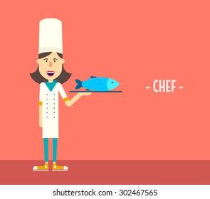 Happy chef with a fish dish on a tray. Flat illustration. Vector stock.