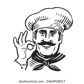 Happy chef gesturing ok. Restaurant worker sign. Hand drawn sketch drawing vector