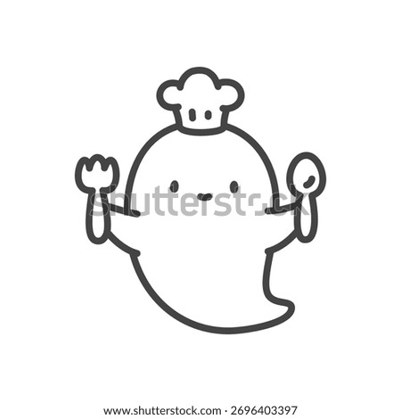 Happy chef ghost icon. Funny little spirit dressed as chef with spoon and fork, cooking themed design. Monochrome doodle illustration isolated on white background. Kawaii halloween sticker. 