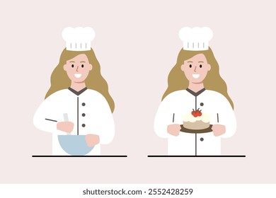 Happy chef girl mixing ingredient with bowl. Child baking dessert cake. Homemade cooking, leisure activity, childhood concept. Flat people character vector design illustration.