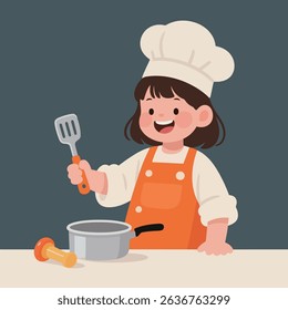 Happy Chef Girl Wearing Orange Apron Holding Spatula and Smiling Brightly