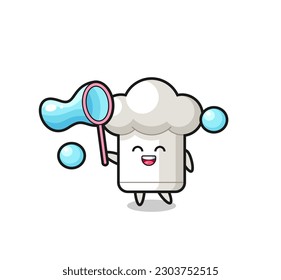 caricatura alegre de sombrero de chef jugando a la burbuja del jabón , diseño de estilo lindo para camiseta, pegatina, elemento logotipo