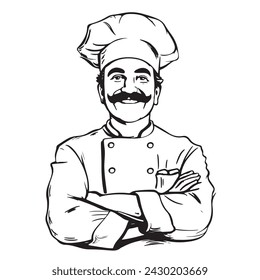 Happy chef in hat. Cross hands Sketch vector illustration