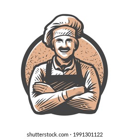 Happy chef in hat with crossed arms drawn in sketch style. Food concept. Vintage vector illustration