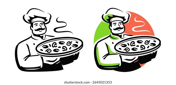 Happy chef in hat with freshly baked pizza. Italian food. Emblem, symbol for restaurant or cafe menu