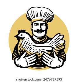 Happy chef in hat holding live chicken. Cooking emblem or logo. Vector illustration