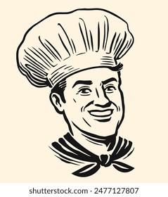 Feliz chef en sombrero. Cocinero masculino sonriente de mediana edad. Ilustración vectorial dibujada a mano