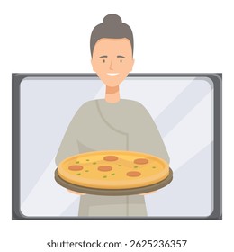 Happy chef is holding a freshly baked pizza in front of a screen