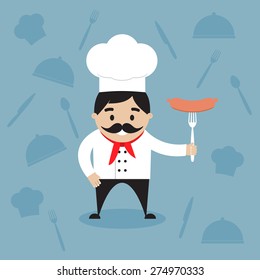 The happy chef holding the hot sausage on the fork. Vector illustration. Flat design