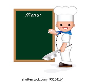 Happy chef is holding a pan in one hand and in the other chalk. He is writing  menu on the blackboard. (You can add your own text, your own menu). Used blend tool.