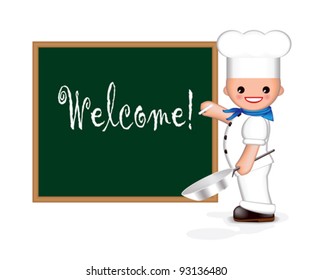 Happy chef is holding a pan in one hand and in the other chalk. He is writing “Welcome!” on the blackboard. (You can add your own text). Used blend tool.