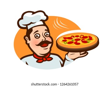 Happy chef holding a pizza tray. Logo or label, cartoon vector illustration