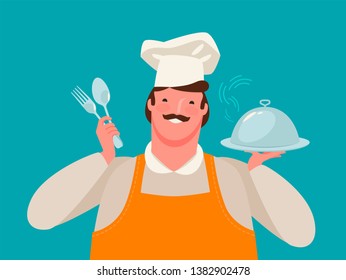 Happy chef holding a tray of food. Restaurant, cartoon vector illustration