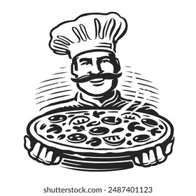 Happy chef holding tray with hot big pizza in hands. Italian fast food restaurant emblem. Drawing vector illustration