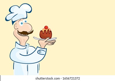 happy chef holds in his hand a plate with a chocolate muffin decorated with a cherry. sweet dessert for mood