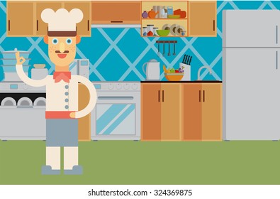 Happy chef at the kitchen interior. Flat illustration.