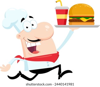 Happy Chef Man Cartoon Character Running With Burger And Soda. Vector Illustration Flat Design Isolated On Transparent Background
