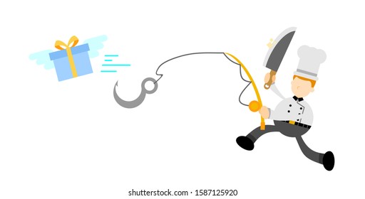 happy chef man Catch Bait Gift Box Cartoon doodle vector illustration flat design style