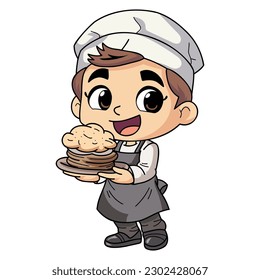 Happy chef man holding food illustration in doodle style isolated on background