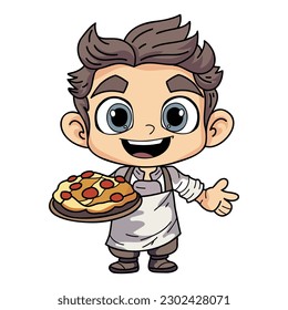 Happy chef man holding food illustration in doodle style isolated on background