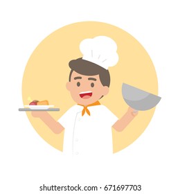 Happy Chef man holding a silver tray with cooked food, Cute Character vector illustration.
