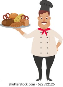 Happy chef with many breads. Funny cartoon character. Vector art. 