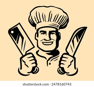 Happy chef with meat cleaver and kitchen knife. Hand drawn illustration for grill restaurant or steak house menu design