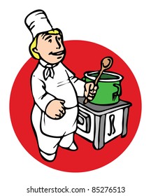 Happy chef next to the stove