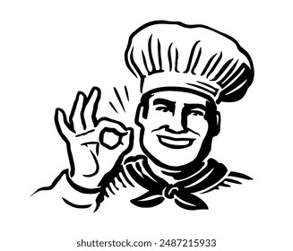 Happy chef with ok sign. Male cook emblem. Hand drawn drawing for restaurant or cafe menu. Vector illustration