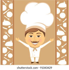 happy chef on background with utensil elements
