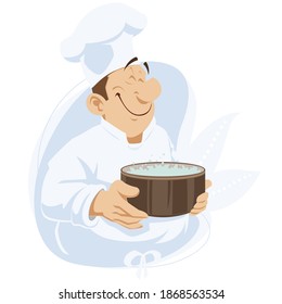 Happy chef with pan of eat. Illustration concept for mobile website and internet development.