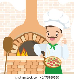 Happy chef with pizza. Cartoon pizza maker near an authentic oven,italian food,flat vector illustration