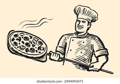 Chef feliz con pizza en un remo de madera. Restaurante italiano, comida rápida. Ilustración vectorial dibujada a mano