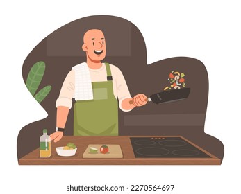 Un chef feliz está preparando una comida. El cocinero prepara la comida de las papas fritas en una sartén, tirándolas y agitándolas. Ilustración vectorial en estilo plano