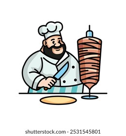 Happy Chef Preparing Shawarma, Fun Food Illustration of a Smiling Cook Making Middle Eastern Street Food