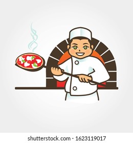 A happy chef pulls a hot, delicious pizza out of the wood oven