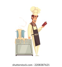 Happy chef reading in kitchen flat vector illustration