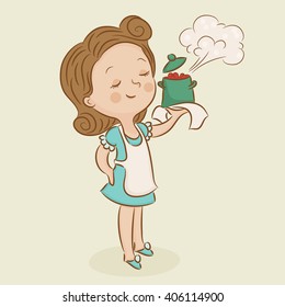 Happy Chef. Satisfied Mom. Woman With A Hot Crock Pot. Woman Chef. Cartoon Illustration