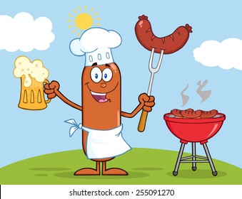 Happy Chef Sausage Cartoon Character Holding A Beer And Weenie Next To BBQ. Vector Illustration 