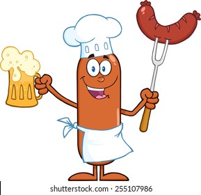 Happy Chef Sausage Cartoon Character Holding A Beer And Weenie On A Fork. Vector Illustration Isolated On White