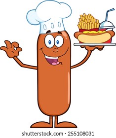 Happy Chef Sausage Cartoon Character Carrying A Hot Dog, French Fries And Cola. Vector Illustration Isolated On White